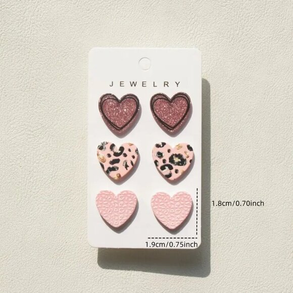 NEW 3 Pairs Heart Stud Earrings Pink & black Leopard Print heart earrings trendy - Picture 2 of 3